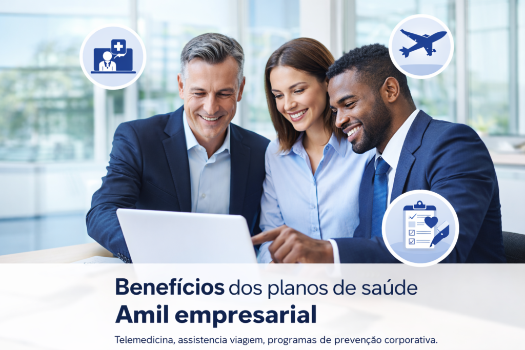 Vantagens do plano Amil empresarial para empresas com telemedicina, assistência em viagens e programas de saúde corporativa
